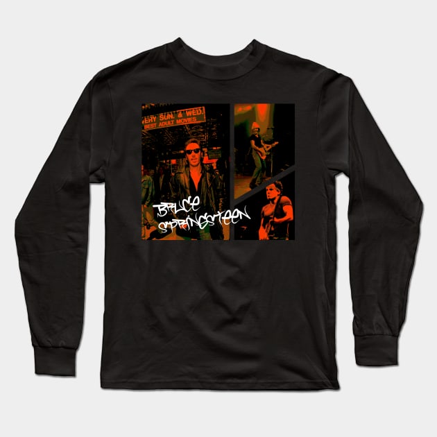 Bruce Springsteen Collage Orange Long Sleeve T-Shirt by Oldies Goodies!